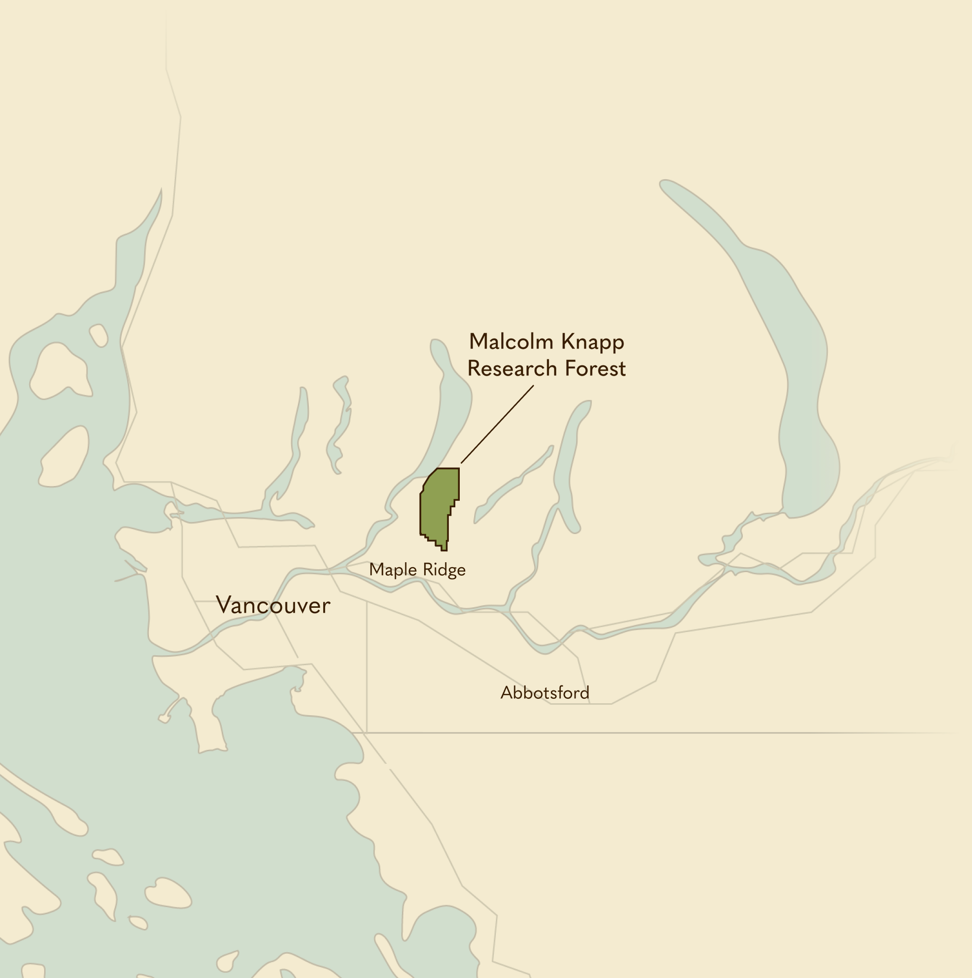 Map of where the Malcom Knapp Research Forest is located in relationship to Maple Ridge, Vancouver, and Abbotsford