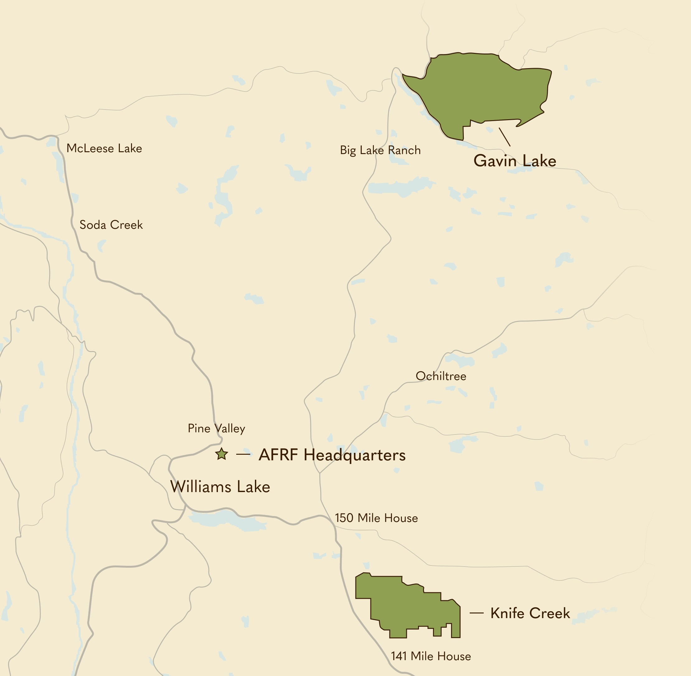Map of where Gavin Lake, Knife Creek, and Alex Fraser Research Forest are located in relation to Williams Lake