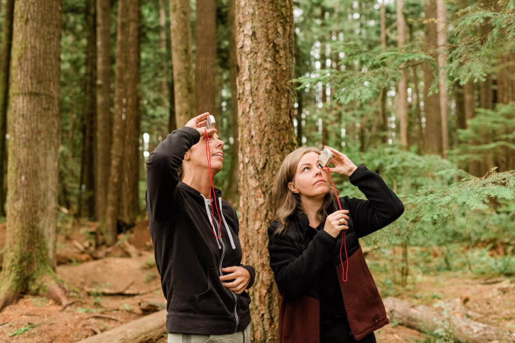 Two adults looking through devices at trees