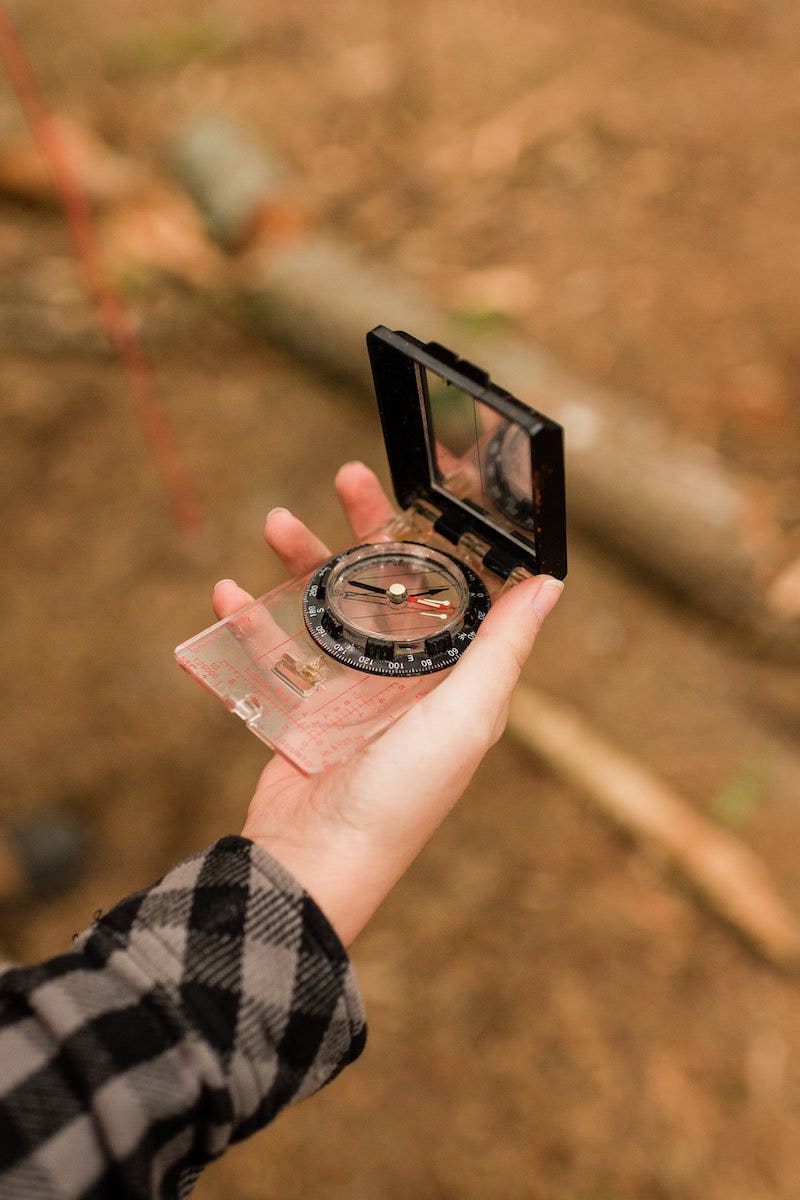 Hand holding a compass in the forest