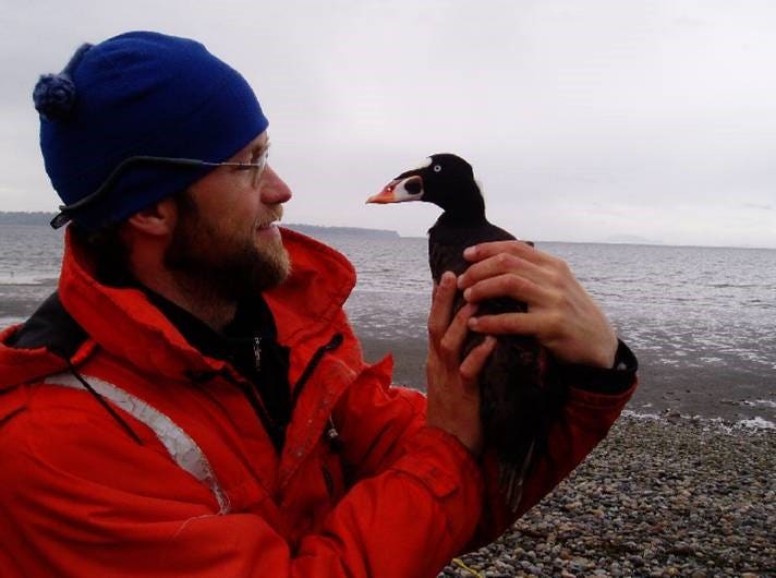 Eric scoter wearing a blue toque and red jacket, holding a shore bird with the ocean in the background and rocky beach