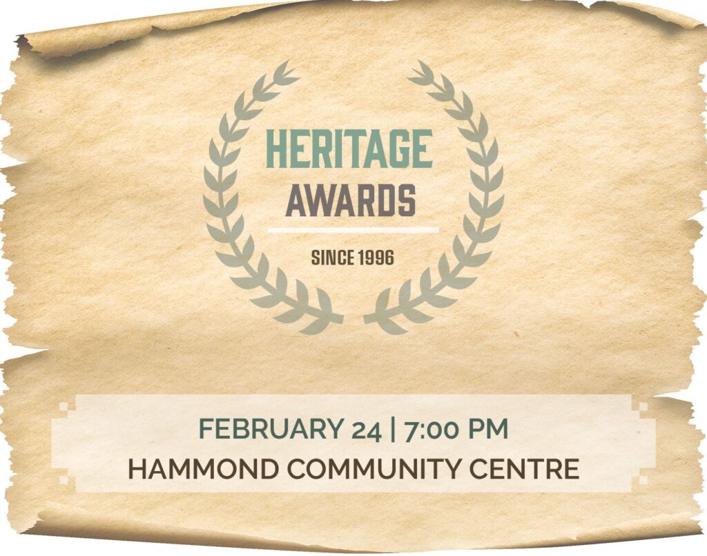 2023 city of maple ridge heritage Community Cultural Asset Award logo on an old paper certificate, with the award ceremony details for date and location
