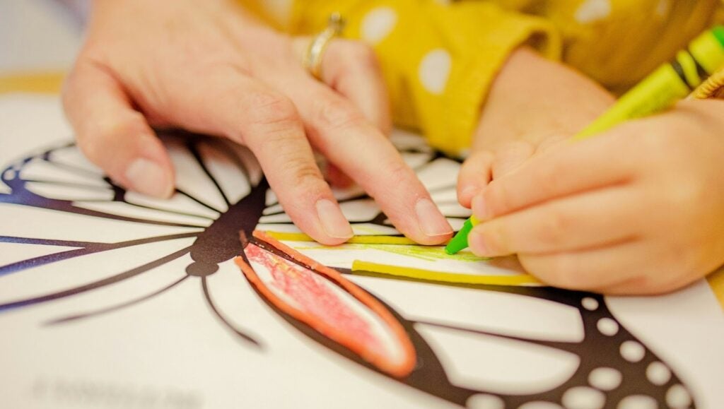 a close up of an adult and young child's hands colouring in a butterfly with crayons