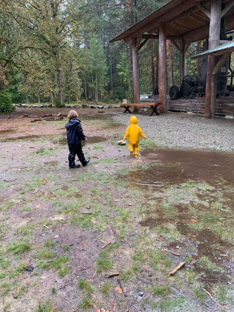 two young kids on a rainy day wearing rain gear and playing in puddles in the maple ridge research forest grounds