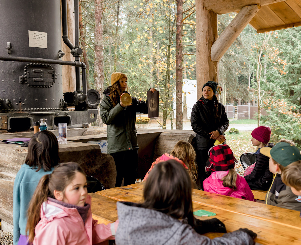 Wild & Immersive team teaching a group of kids about wild mushrooms