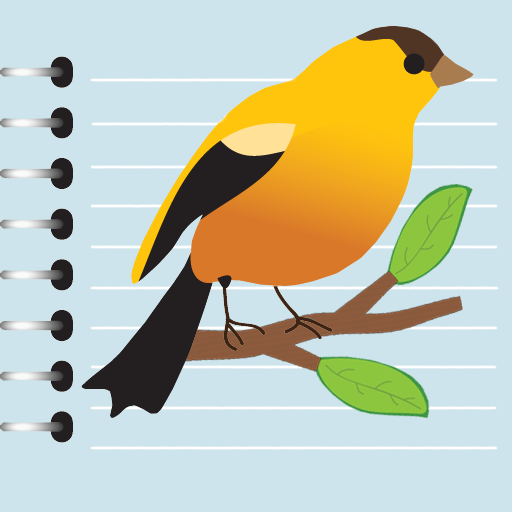 a cartoon yellow bird with black markings, perched on a brown branch with green leaves; the background is a lined notebook page with metal spiral rings, highlighting the Nature's Notebook app